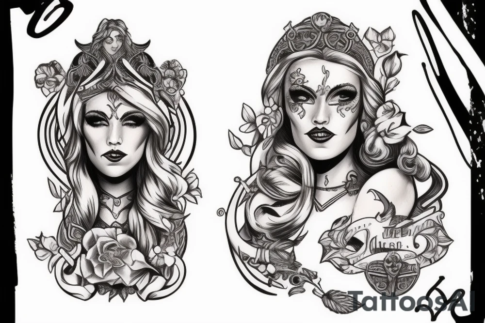 viking pinup girl with detailed symmetrical  face tattoo idea