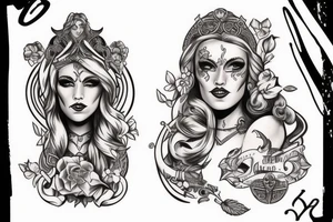viking pinup girl with detailed symmetrical  face tattoo idea