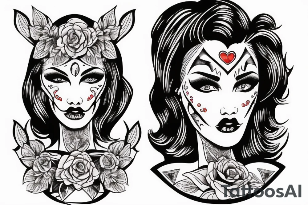 pinup girl with detailed symmetrical  face tattoo idea