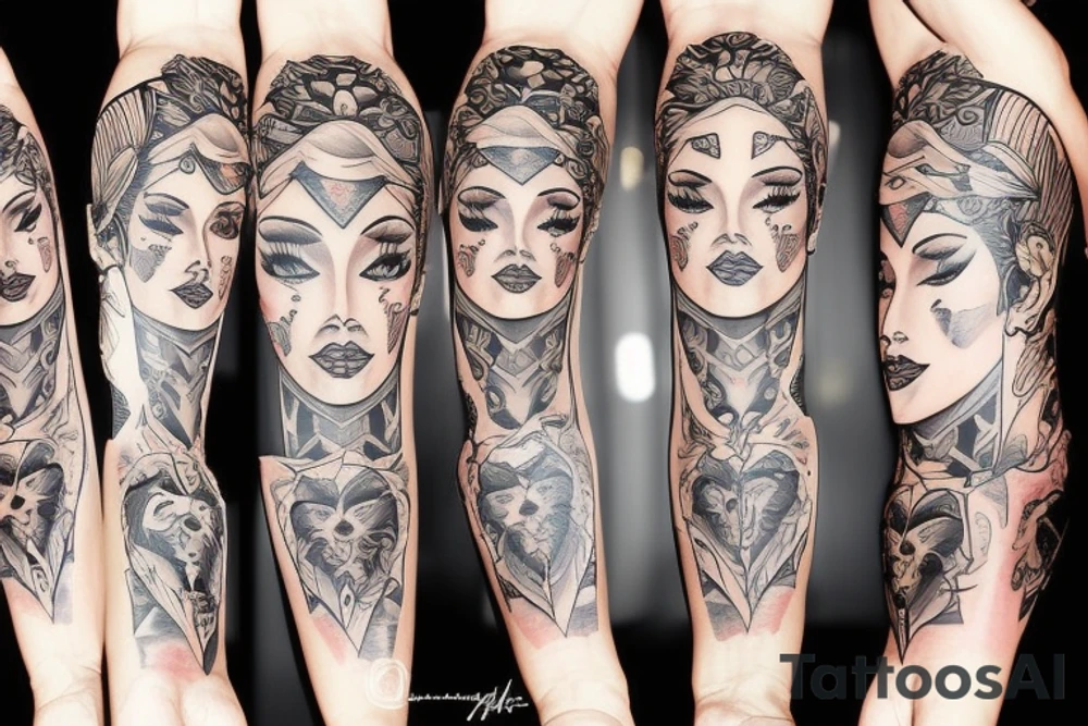 pinup girl with symmetrical  face, full body tattoo idea