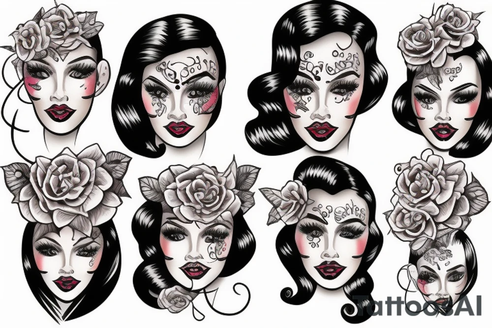 pinup girl with symmetrical  face, full body tattoo idea