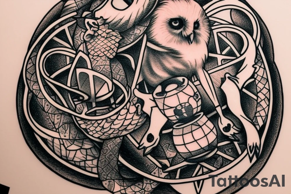 Owl holding an hourglass made of ouroboros tattoo idea