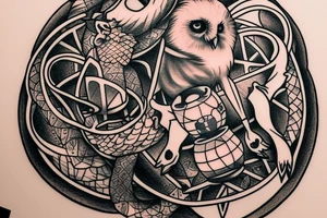 Owl holding an hourglass made of ouroboros tattoo idea