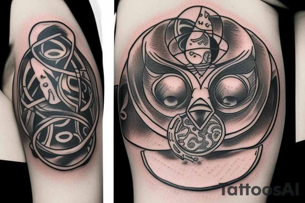 Owl holding an hourglass made of ouroboros tattoo idea