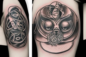 Owl holding an hourglass made of ouroboros tattoo idea