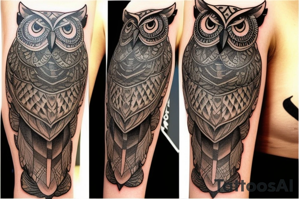 intricate tattoo of an owl holding an hourglass tattoo idea