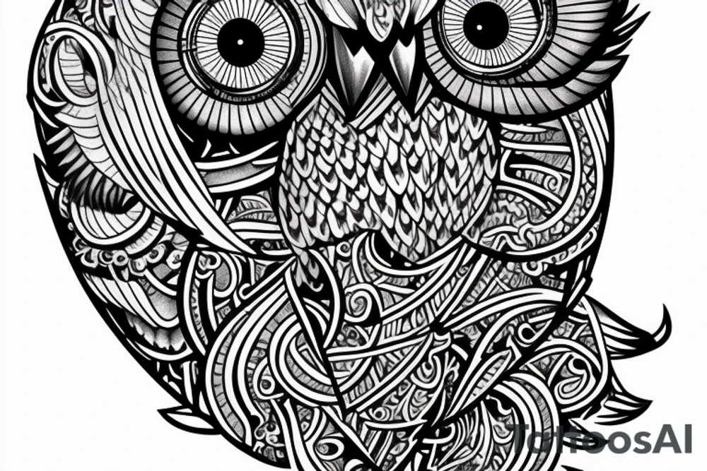 intricate tattoo of an owl holding an hourglass tattoo idea