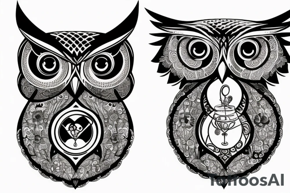intricate tattoo of an owl holding an hourglass tattoo idea