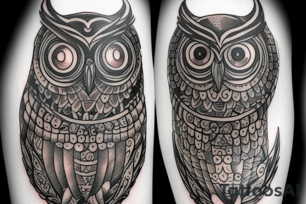 intricate tattoo of the owl of Athena holding an hourglass in its talons. tattoo idea