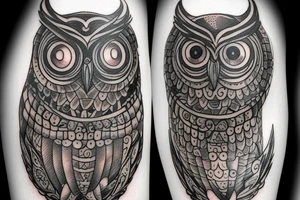 intricate tattoo of the owl of Athena holding an hourglass in its talons. tattoo idea