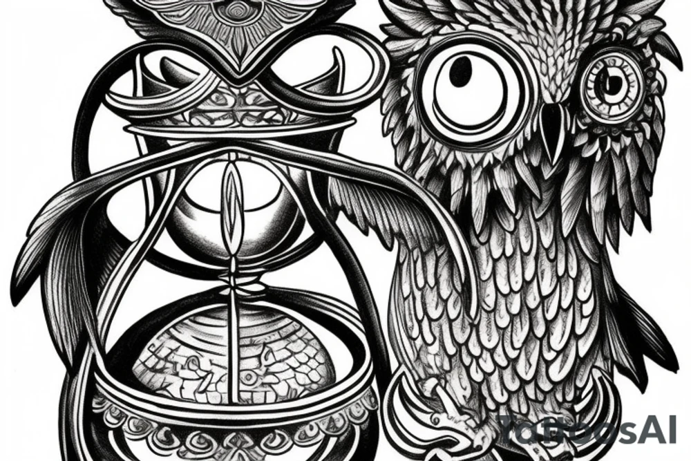 intricate tattoo of the owl of Athena holding an hourglass in its talons. tattoo idea