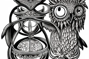 intricate tattoo of the owl of Athena holding an hourglass in its talons. tattoo idea