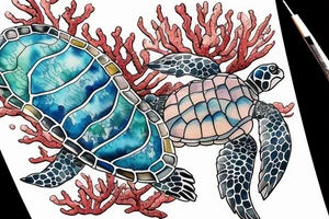 beautiful corals grow on the shell of a swimming sea turtle, colored watercolor tattoo idea