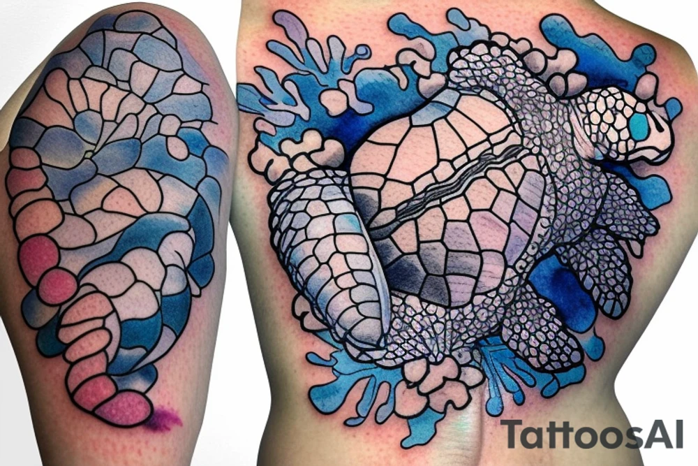beautiful corals grow on the shell of a swimming sea turtle, colored watercolor tattoo idea