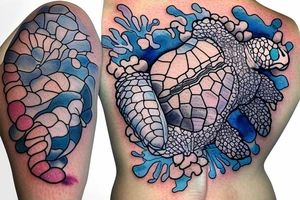 beautiful corals grow on the shell of a swimming sea turtle, colored watercolor tattoo idea
