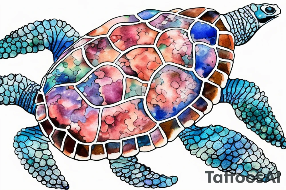 beautiful corals and sea plants grow on the shell of a swimming sea turtle, colored watercolor tattoo idea