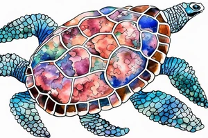 beautiful corals and sea plants grow on the shell of a swimming sea turtle, colored watercolor tattoo idea