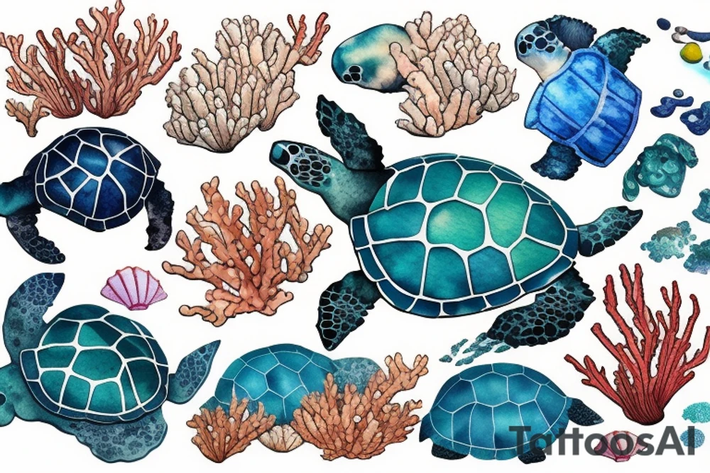 beautiful corals and sea plants grow on the shell of a swimming sea turtle, colored watercolor tattoo idea