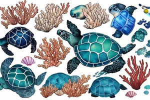beautiful corals and sea plants grow on the shell of a swimming sea turtle, colored watercolor tattoo idea