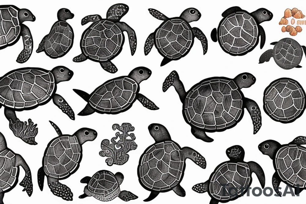 sea turtle swims and beautiful sea corals and sea plants grow on its back tattoo idea
