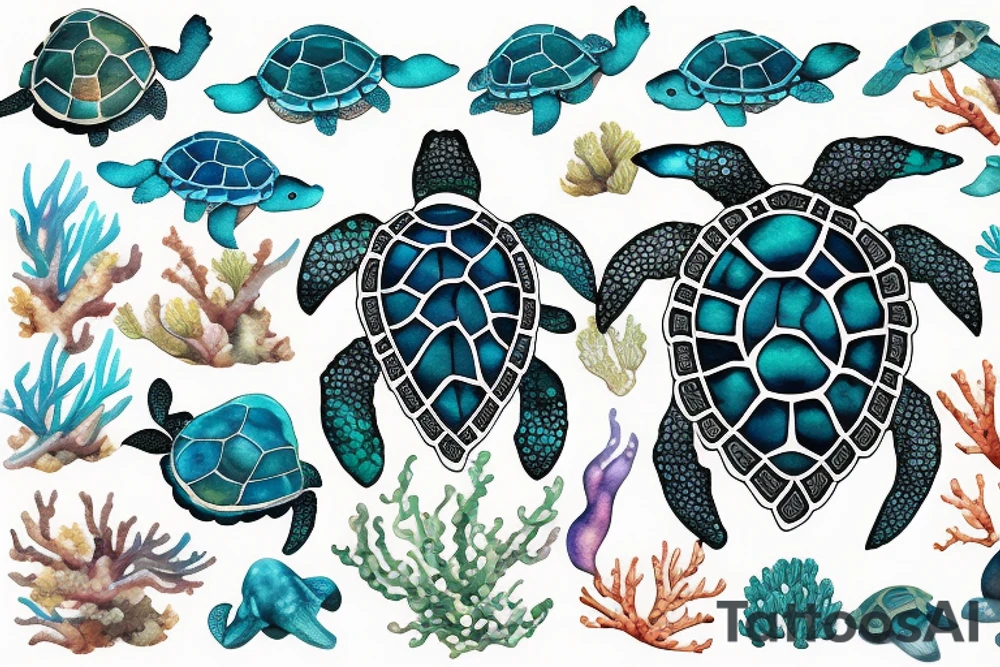 sea turtle swims and beautiful sea corals and sea plants grow on its back tattoo idea