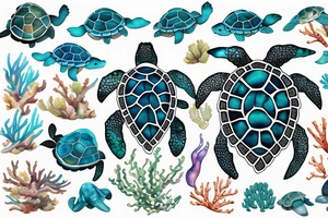 sea turtle swims and beautiful sea corals and sea plants grow on its back tattoo idea