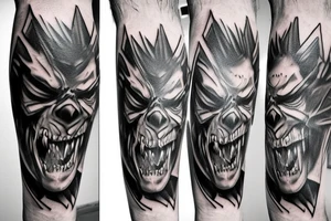 “LEGS FEED THE WOLF” in Metallica logo style tattoo idea