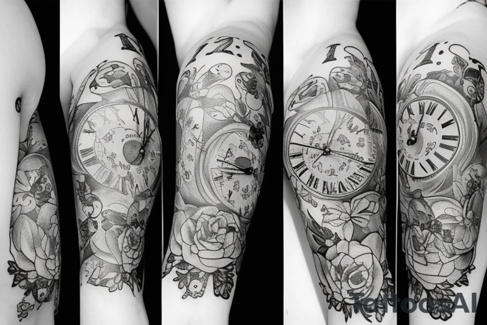 Clock with flowers around tattoo idea