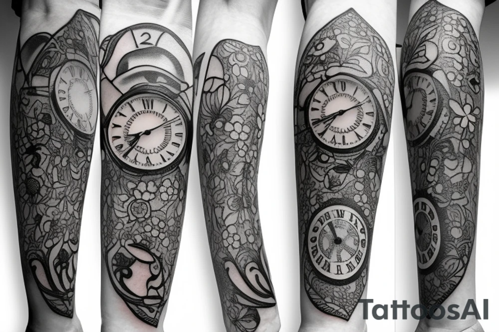 Clock with flowers around tattoo idea