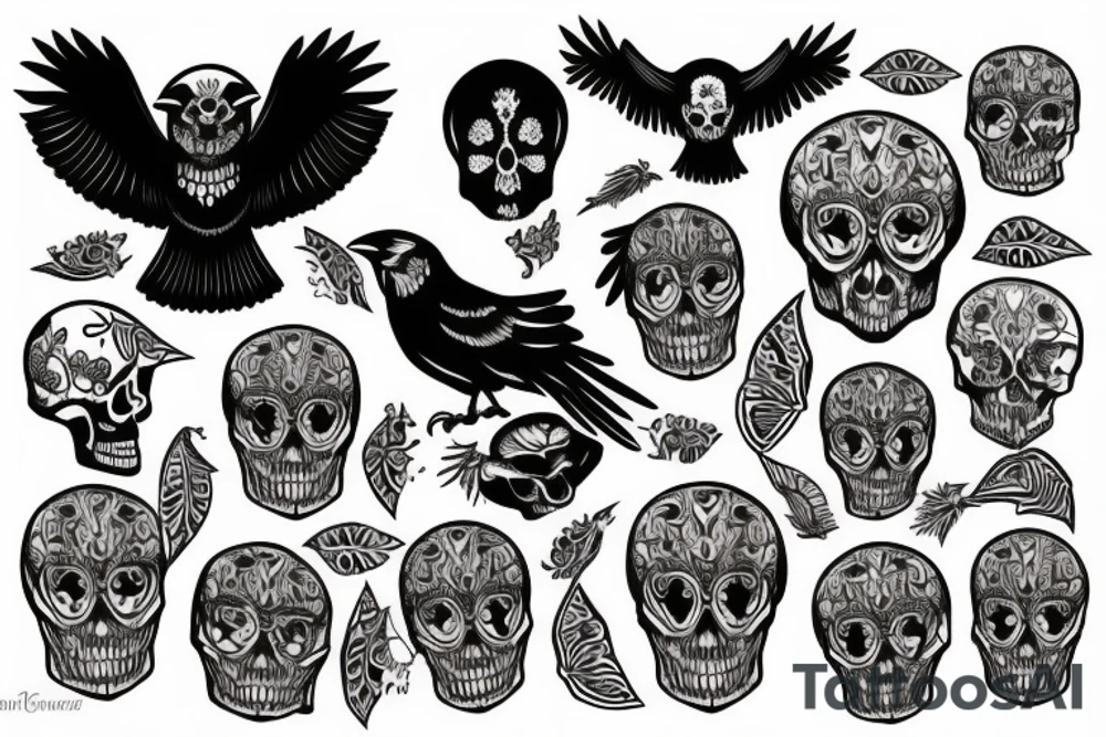 crow with skull head tattoo idea