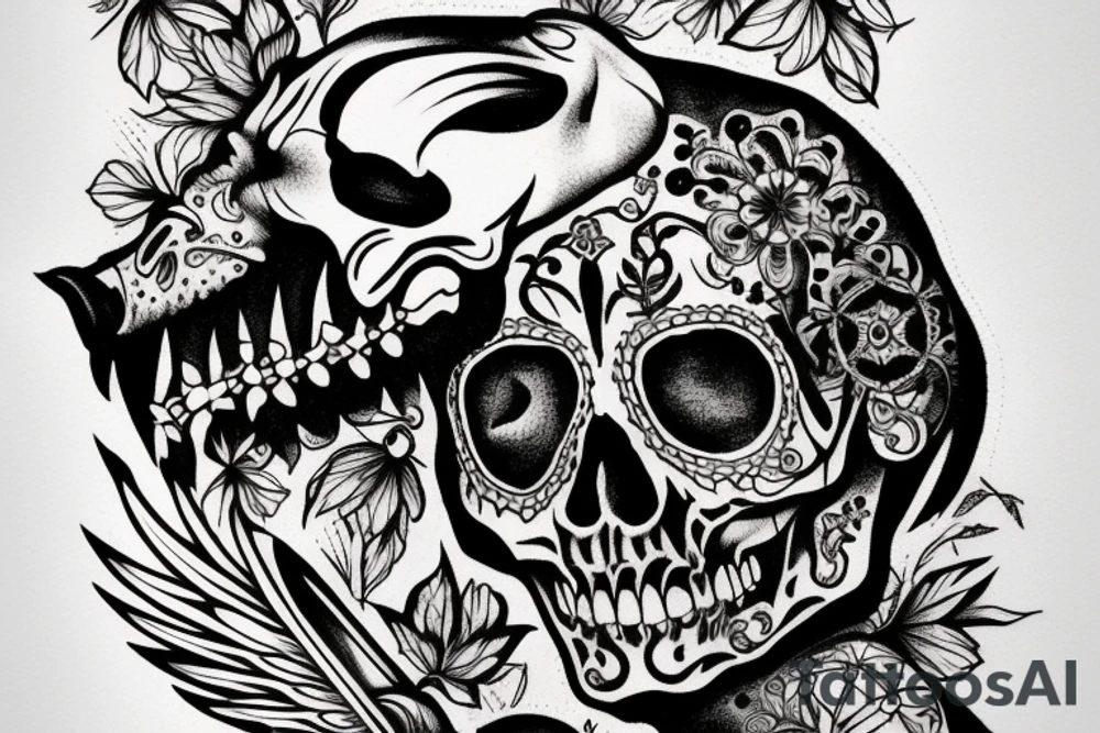 crow with skull head tattoo idea