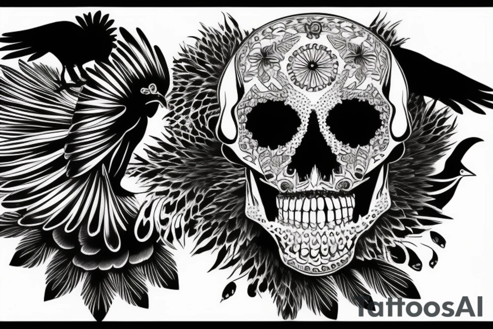 crow siting on top of a skull tattoo idea