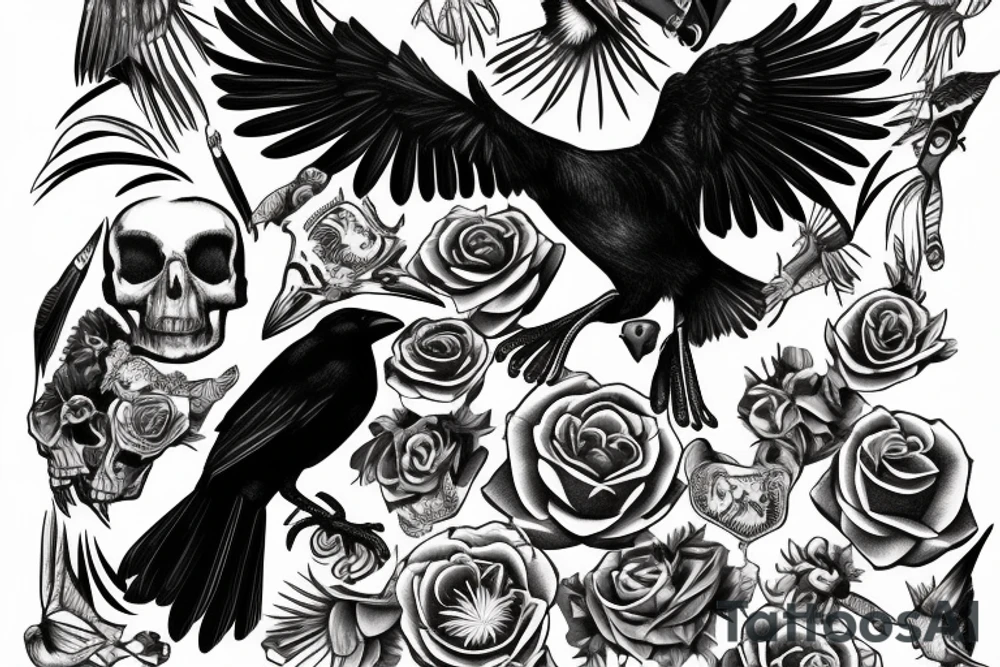 crow siting on top of a skull tattoo idea