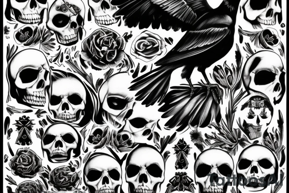 crow siting on top of a skull tattoo idea