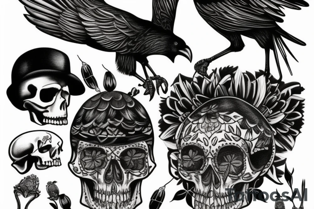 crow sitting on top of a skull tattoo idea