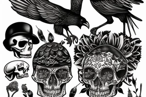 crow sitting on top of a skull tattoo idea
