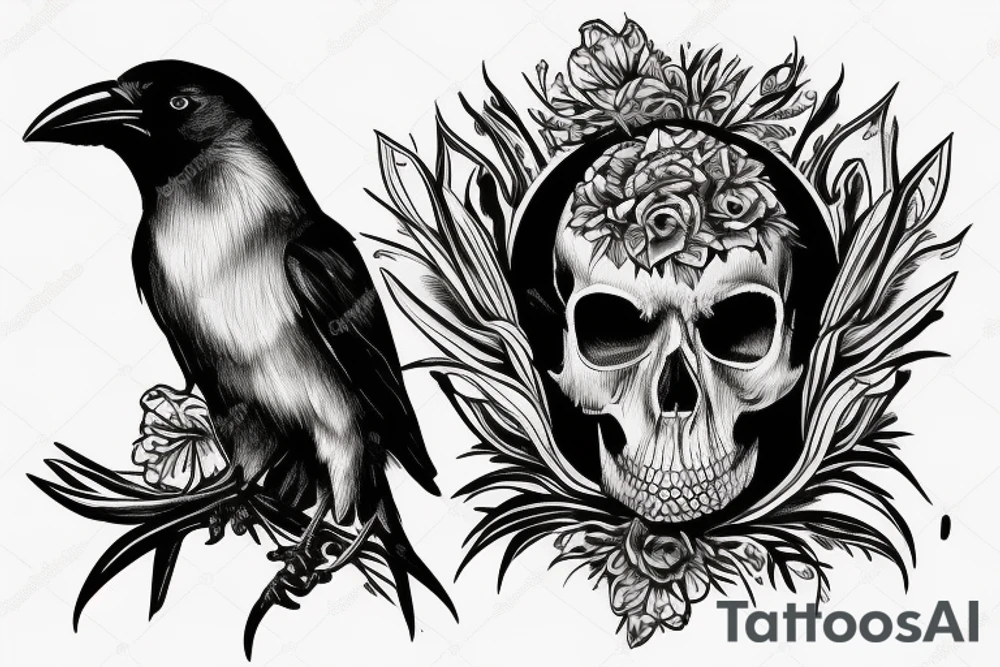 crow sitting on top of a skull tattoo idea