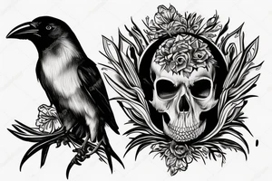 crow sitting on top of a skull tattoo idea