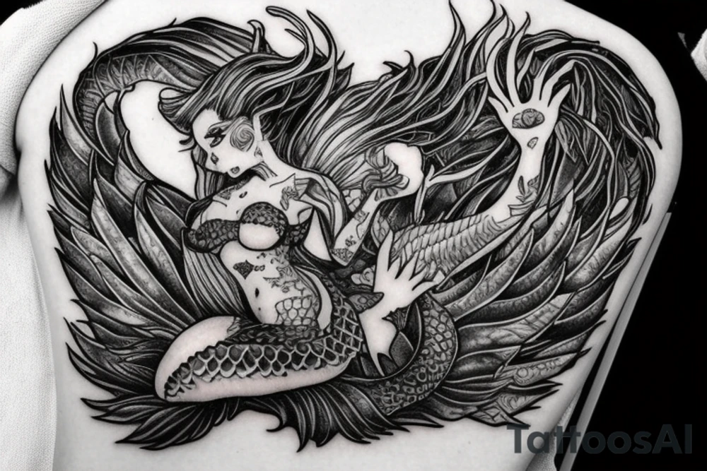 a mermaid that looks similar to Arial but with dragon wings and sitting on a rock tattoo idea