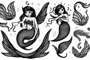 a mermaid that looks similar to Arial but with dragon wings and sitting on a rock tattoo idea
