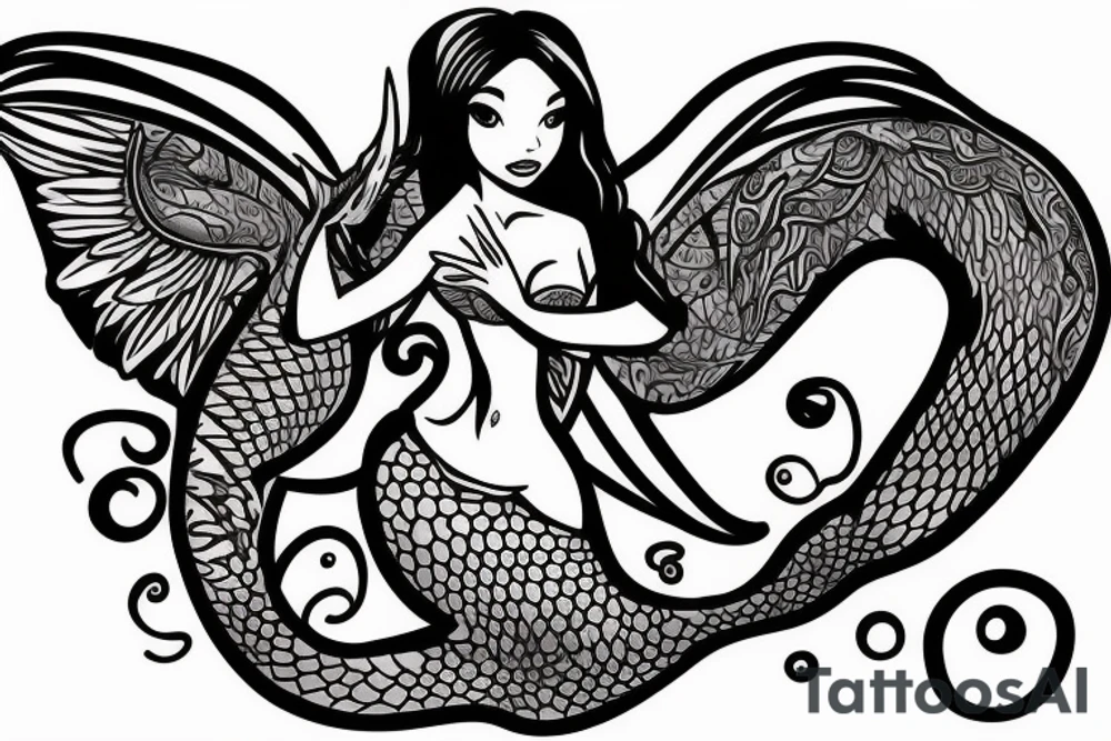a mermaid that looks similar to Arial but with dragon wings and sitting on a rock tattoo idea