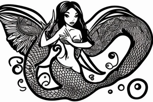 a mermaid that looks similar to Arial but with dragon wings and sitting on a rock tattoo idea