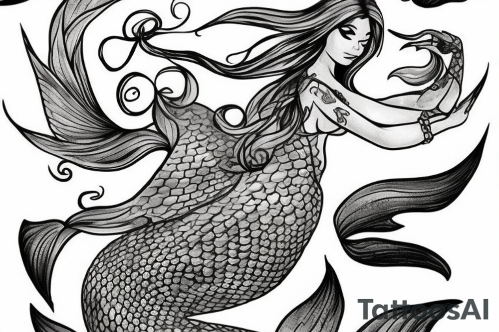 a mermaid that looks similar to Arial but with dragon wings and sitting on a rock tattoo idea