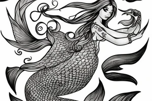 a mermaid that looks similar to Arial but with dragon wings and sitting on a rock tattoo idea