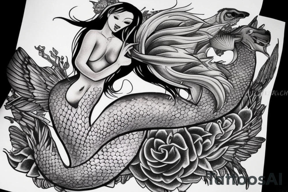 a mermaid that looks similar to Arial but with dragon wings and sitting on a rock tattoo idea