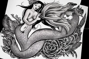 a mermaid that looks similar to Arial but with dragon wings and sitting on a rock tattoo idea
