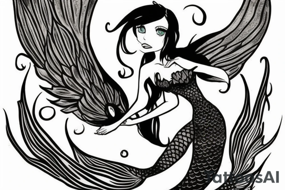 a mermaid that looks similar to Arial but with dragon wings and sitting on a rock tattoo idea