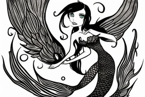 a mermaid that looks similar to Arial but with dragon wings and sitting on a rock tattoo idea