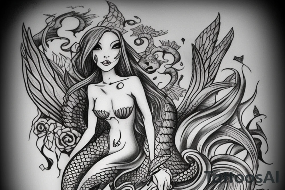 a mermaid that looks similar to Arial but with dragon wings and sitting on a rock tattoo idea