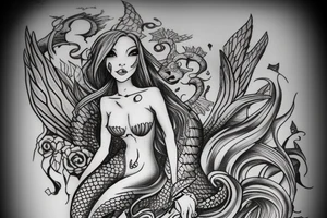 a mermaid that looks similar to Arial but with dragon wings and sitting on a rock tattoo idea